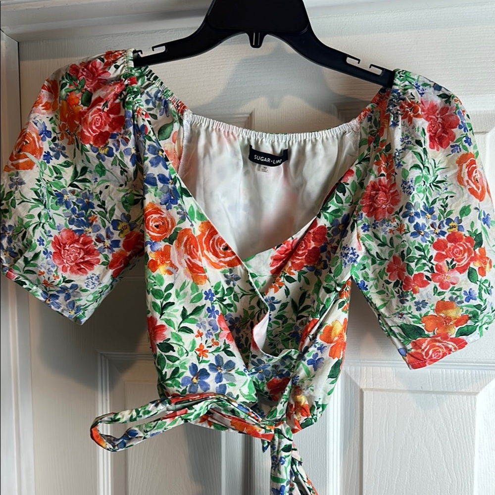 Sugarlips Floral Puff Sleeve Wrap Crop Top - Multicolor